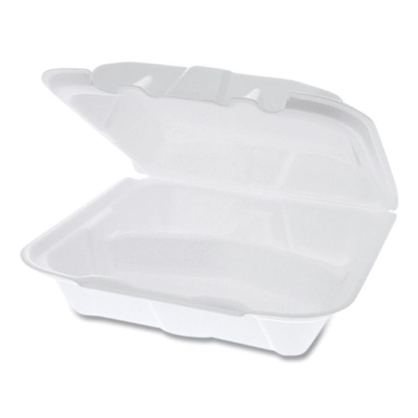 Vented Foam Hinged Lid Container, Dual Tab Lock, 3-Compartment, 8.42 x 8.15 x 3, White, 150/Carton - Image 3