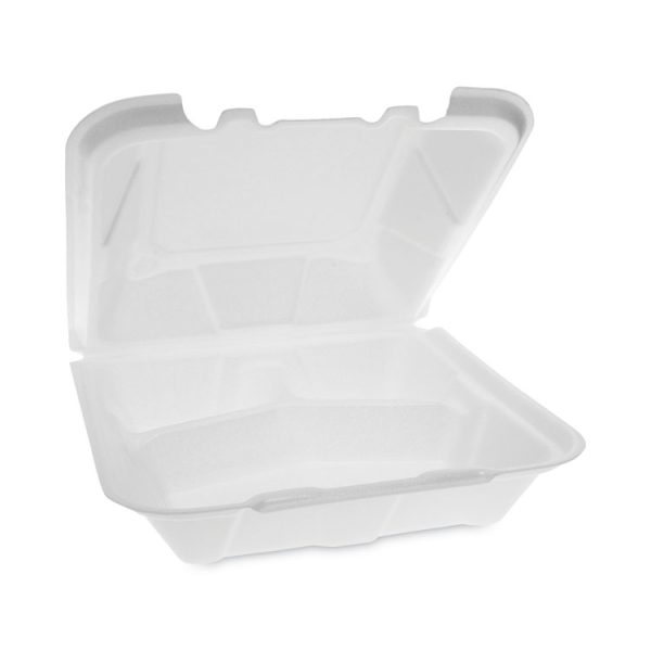 Vented Foam Hinged Lid Container, Dual Tab Lock, 3-Compartment, 9.13 x 9 x 3.25, White, 150/Carton - Image 2