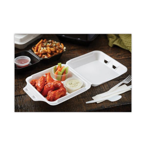 Vented Foam Hinged Lid Container, Dual Tab Lock, 3-Compartment, 9.13 x 9 x 3.25, White, 150/Carton - Image 6