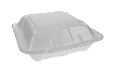 Vented Foam Hinged Lid Container, Dual Tab Lock Economy, 3-Compartment, 9.13 x 9 x 3.25, White, 150/Carton