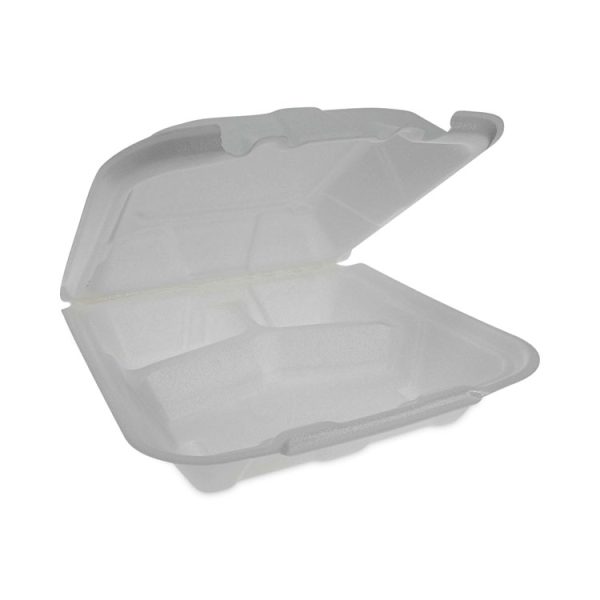 Vented Foam Hinged Lid Container, Dual Tab Lock Economy, 3-Compartment, 9.13 x 9 x 3.25, White, 150/Carton - Image 2