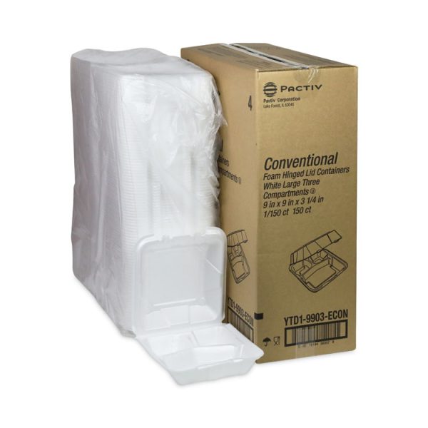 Vented Foam Hinged Lid Container, Dual Tab Lock Economy, 3-Compartment, 9.13 x 9 x 3.25, White, 150/Carton - Image 5