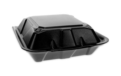 Vented Foam Hinged Lid Container, Dual Tab Lock, 9 x 9 x 3.25, Black, 150/Carton