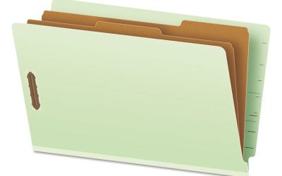 End Tab Classification Folders, 2″ Expansion, 2 Dividers, 6 Fasteners, Legal Size, Pale Green Exterior, 10/Box