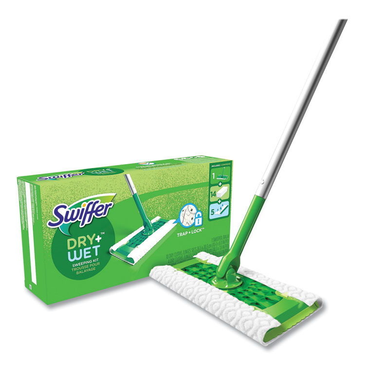Sweeper Mop, 10 x 4.8 White Cloth Head, 46" Silver/Green Aluminum/Plastic Handle - Image 2