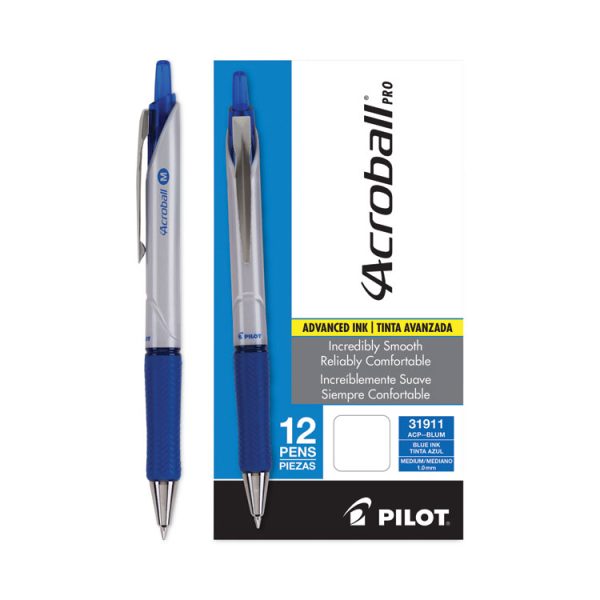 Acroball Pro Advanced Ink Hybrid Gel Pen, Retractable, Medium 1 mm, Blue Ink, Silver/Blue Barrel, Dozen - Image 3