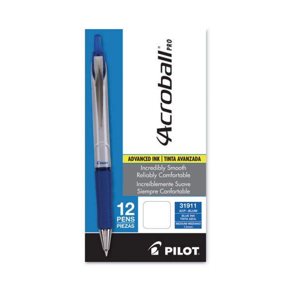Acroball Pro Advanced Ink Hybrid Gel Pen, Retractable, Medium 1 mm, Blue Ink, Silver/Blue Barrel, Dozen - Image 2