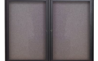 Enclosed Indoor Fabric Bulletin Board with Two Hinged Doors, 48 x 36, Gray Surface, Graphite Aluminum Frame