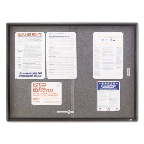 Enclosed Indoor Cork and Gray Fabric Bulletin Board with Two Sliding Glass Doors, 48 x 36, Graphite Gray Aluminum Frame - Image 2