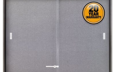 Enclosed Indoor Cork and Gray Fabric Bulletin Board with Two Sliding Glass Doors, 48 x 36, Graphite Gray Aluminum Frame