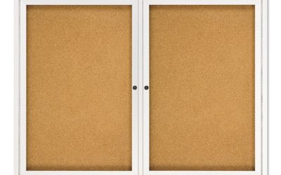 Enclosed Indoor Cork Bulletin Board with Two Hinged Doors, 48 x 36, Tan Surface, Silver Aluminum Frame