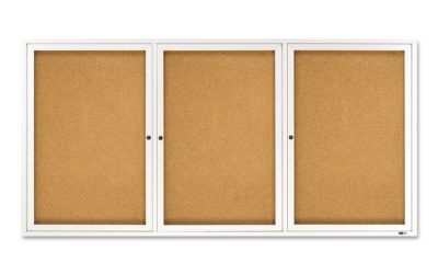 Enclosed Indoor Cork Bulletin Board with Three Hinged Doors, 72 x 36, Tan Surface, Silver Aluminum Frame