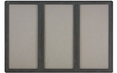 Enclosed Indoor Fabric Bulletin Board with Three Hinged Doors, 72 x 48, Gray Surface, Graphite Aluminum Frame