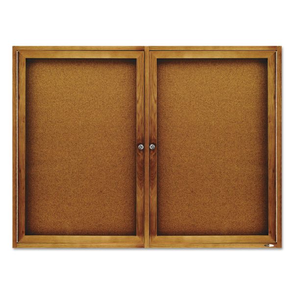 Enclosed Indoor Cork Bulletin Board with Two Hinged Doors, 48 x 36, Tan Surface, Oak Fiberboard Frame - Image 2