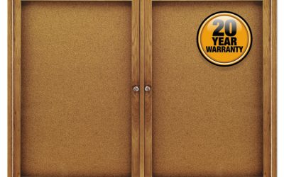 Enclosed Indoor Cork Bulletin Board with Two Hinged Doors, 48 x 36, Tan Surface, Oak Fiberboard Frame