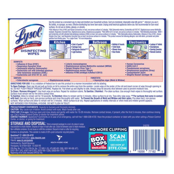 Disinfecting Wipes, 1-Ply, 7 x 7.25, Lemon and Lime Blossom, White, 80 Wipes/Canister, 6 Canisters/Carton - Image 7