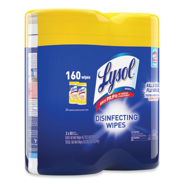 Disinfecting Wipes, 1-Ply, 7 x 7.25, Lemon and Lime Blossom, White, 80 Wipes/Canister, 2 Canisters/Pack, 3 Packs/Carton - Image 3