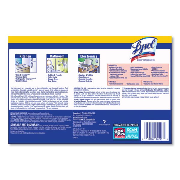 Disinfecting Wipes, 1-Ply, 7 x 7.25, Lemon and Lime Blossom, White, 80 Wipes/Canister, 2 Canisters/Pack, 3 Packs/Carton - Image 6