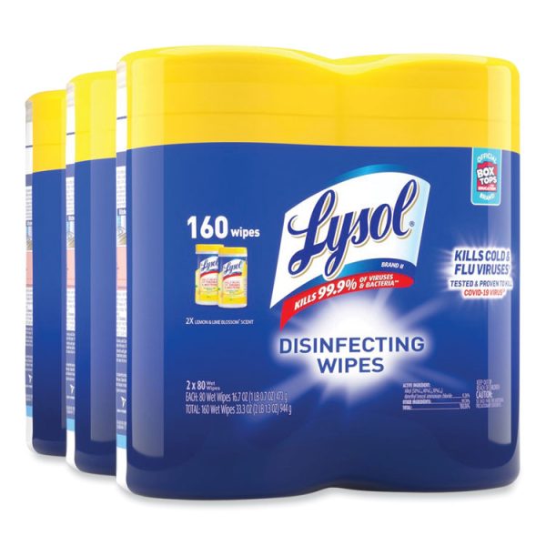 Disinfecting Wipes, 1-Ply, 7 x 7.25, Lemon and Lime Blossom, White, 80 Wipes/Canister, 2 Canisters/Pack, 3 Packs/Carton - Image 2