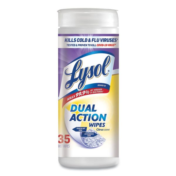 Dual Action Disinfecting Wipes, 1-Ply, 7 x 7.5, Citrus, White/Purple, 35/Canister, 12 Canisters/Carton