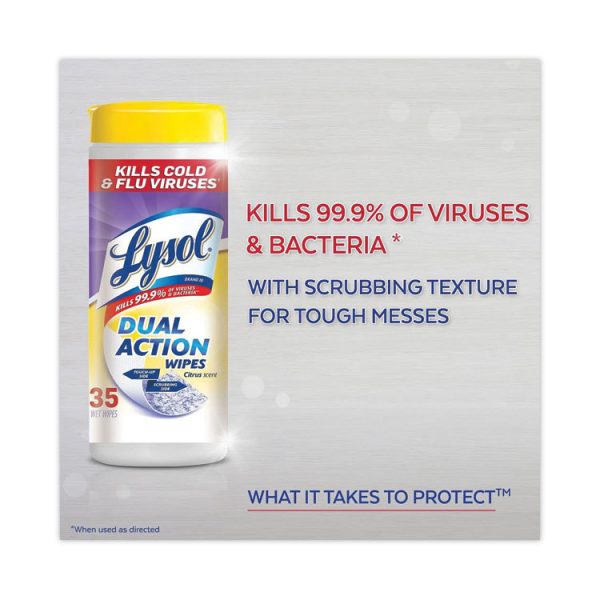 Dual Action Disinfecting Wipes, 1-Ply, 7 x 7.5, Citrus, White/Purple, 35/Canister, 12 Canisters/Carton - Image 4