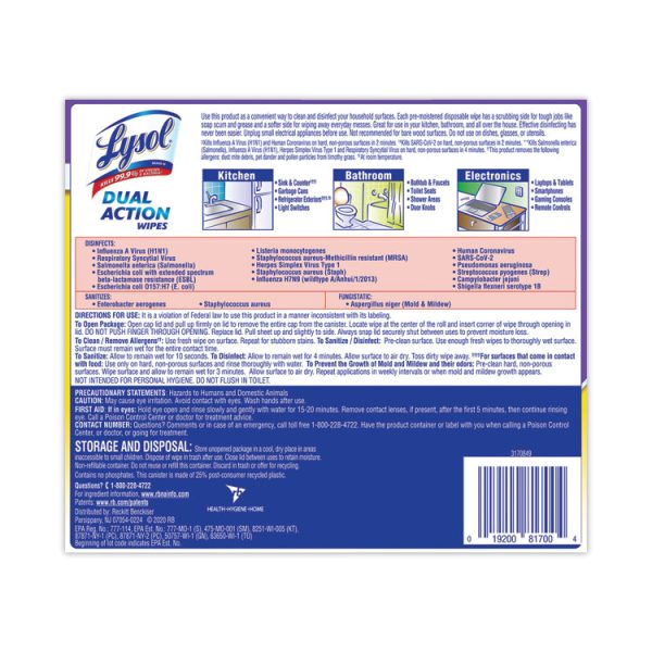 Dual Action Disinfecting Wipes, 1-Ply, 7 x 7.5, Citrus, White/Purple, 75/Canister, 6 Canisters/Carton - Image 3