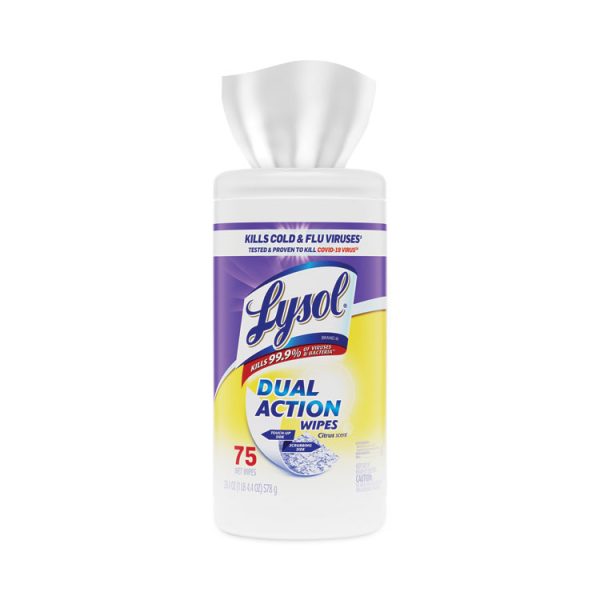Dual Action Disinfecting Wipes, 1-Ply, 7 x 7.5, Citrus, White/Purple, 75/Canister, 6 Canisters/Carton - Image 5