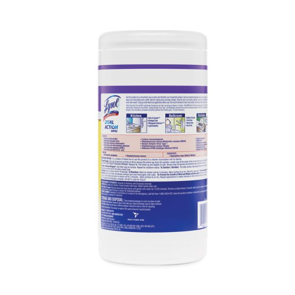 Dual Action Disinfecting Wipes, 1-Ply, 7 x 7.5, Citrus, White/Purple, 75/Canister, 6 Canisters/Carton - Image 7