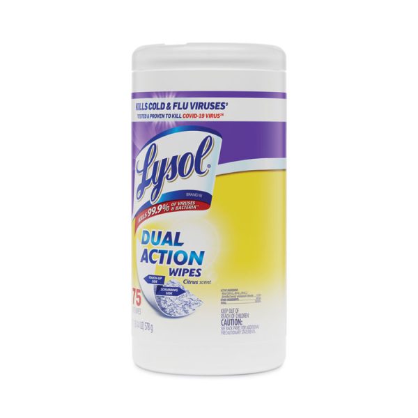 Dual Action Disinfecting Wipes, 1-Ply, 7 x 7.5, Citrus, White/Purple, 75/Canister, 6 Canisters/Carton - Image 6