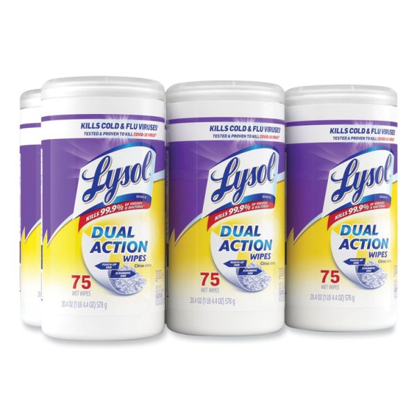 Dual Action Disinfecting Wipes, 1-Ply, 7 x 7.5, Citrus, White/Purple, 75/Canister, 6 Canisters/Carton - Image 2