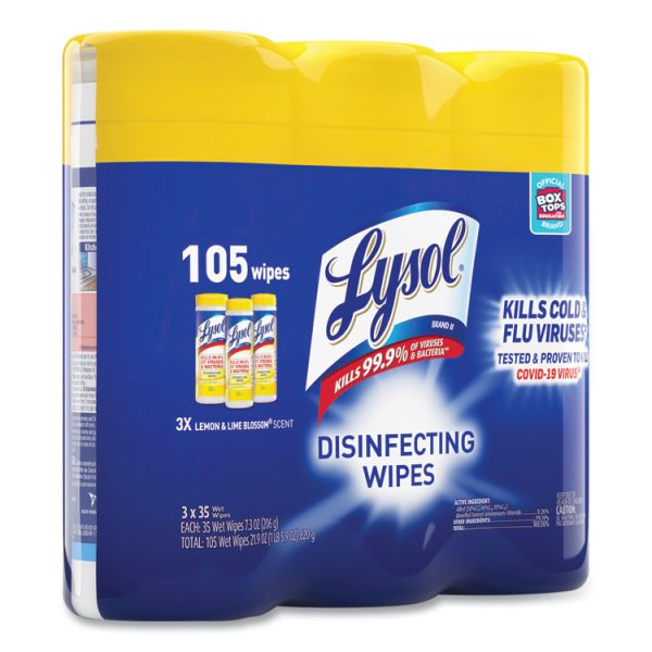 Disinfecting Wipes, 1-Ply, 7 x 7.25, Lemon and Lime Blossom, White, 35 Wipes/Canister, 3 Canisters/Pack, 4 Packs/Carton - Image 3