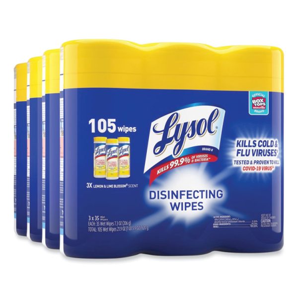 Disinfecting Wipes, 1-Ply, 7 x 7.25, Lemon and Lime Blossom, White, 35 Wipes/Canister, 3 Canisters/Pack, 4 Packs/Carton - Image 2