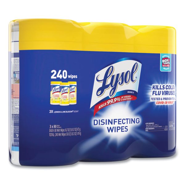 Disinfecting Wipes, 1-Ply, 7 x 7.25, Lemon and Lime Blossom, White, 80 Wipes/Canister, 3 Canisters/Pack, 2 Packs/Carton - Image 5