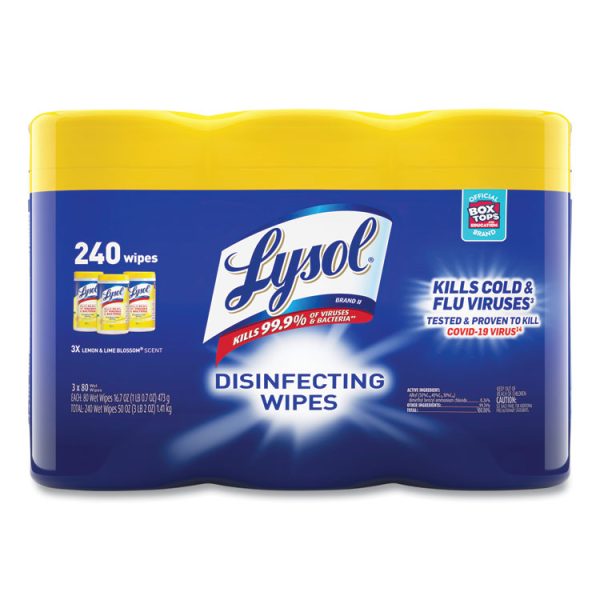Disinfecting Wipes, 1-Ply, 7 x 7.25, Lemon and Lime Blossom, White, 80 Wipes/Canister, 3 Canisters/Pack, 2 Packs/Carton - Image 2
