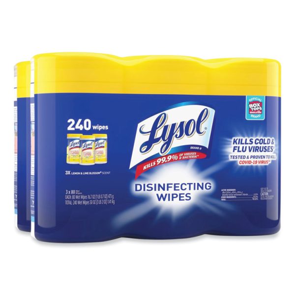 Disinfecting Wipes, 1-Ply, 7 x 7.25, Lemon and Lime Blossom, White, 80 Wipes/Canister, 3 Canisters/Pack, 2 Packs/Carton - Image 3