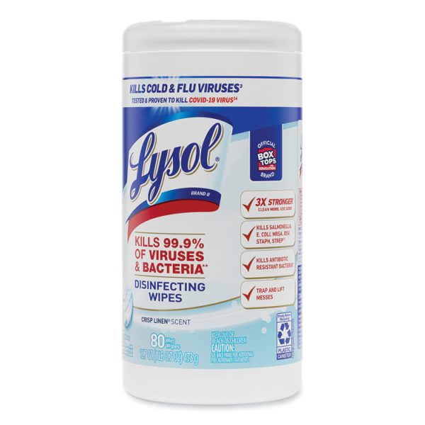 Disinfecting Wipes, 1-Ply, 7 x 7.25, Crisp Linen, White, 80 Wipes/Canister, 6 Canisters/Carton - Image 3