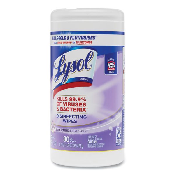 Disinfecting Wipes, 1-Ply, 7 x 7.25, Early Morning Breeze, White, 80 Wipes/Canister, 6 Canisters/Carton - Image 3