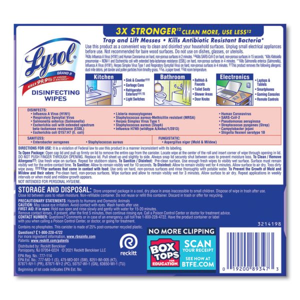 Disinfecting Wipes, 1-Ply, 7 x 7.25, Early Morning Breeze, White, 80 Wipes/Canister, 6 Canisters/Carton - Image 6