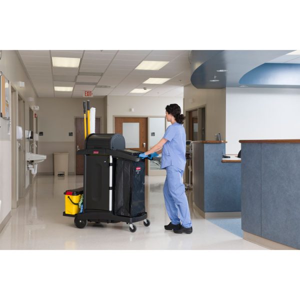 Executive High Security Janitorial Cleaning Cart, Plastic, 4 Shelves, 1 Bin, 23.1" x 39.6" x 27.5", Black - Image 2