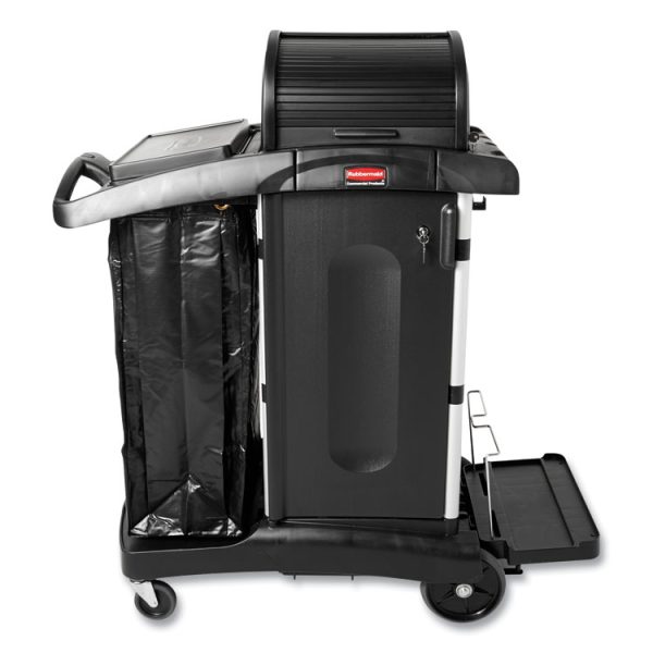 Executive High Security Janitorial Cleaning Cart, Plastic, 4 Shelves, 1 Bin, 23.1" x 39.6" x 27.5", Black - Image 7