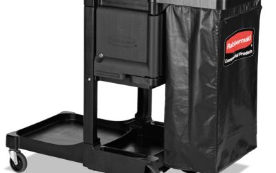 Executive Janitorial Cleaning Cart, Plastic, 4 Shelves, 1 Bin, 12.1″ x 22.4″ x 23″, Black