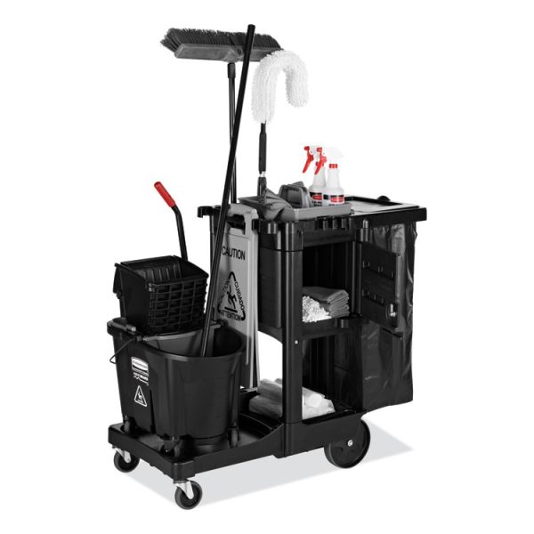 Executive Janitorial Cleaning Cart, Plastic, 4 Shelves, 1 Bin, 12.1" x 22.4" x 23", Black - Image 3