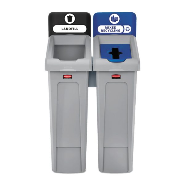 Slim Jim Recycling Station Kit, 2-Stream Landfill/Mixed Recycling, 46 gal, Plastic, Blue/Gray - Image 2