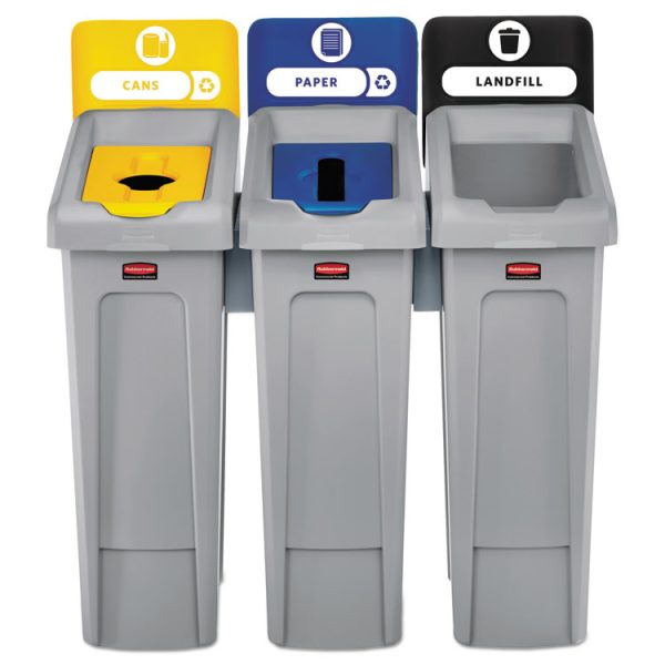 Slim Jim Recycling Station Kit, 3-Stream Landfill/Paper/Bottles/Cans, 69 gal, Plastic, Blue/Gray/Yellow - Image 2