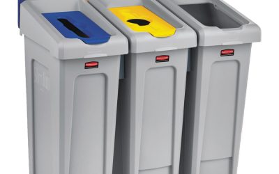 Slim Jim Recycling Station Kit, 3-Stream Landfill/Paper/Bottles/Cans, 69 gal, Plastic, Blue/Gray/Yellow