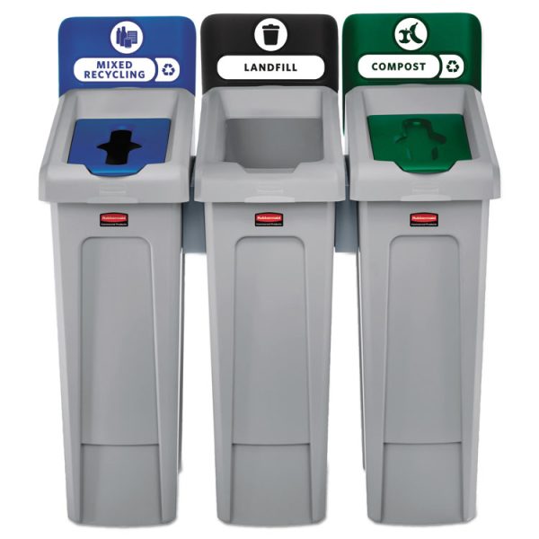 Slim Jim Recycling Station Kit, 3-Stream Landfill/Mixed Recycling, 69 gal, Plastic, Blue/Gray/Green - Image 2