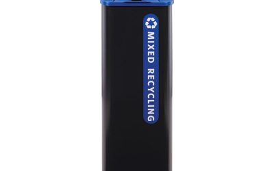 Sustain Decorative Refuse with Recycling Lid, 15 gal, Metal/Plastic, Black/Blue