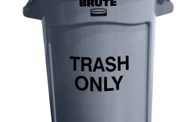 Vented Round Brute Container, “Trash Only” Imprint, 32 gal, Plastic, Gray