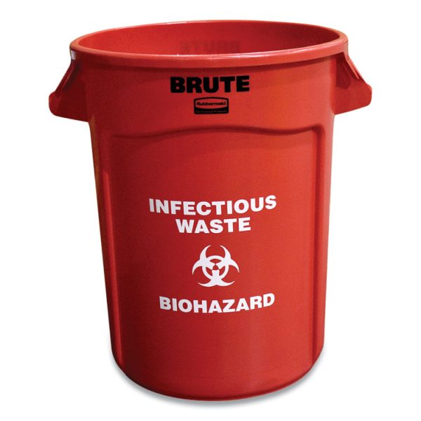 Vented Round Brute Container, "Infectious Waste: Biohazard" Imprint, 32 gal, Plastic, Red - Image 2