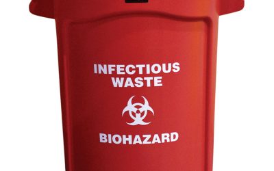 Vented Round Brute Container, “Infectious Waste: Biohazard” Imprint, 32 gal, Plastic, Red